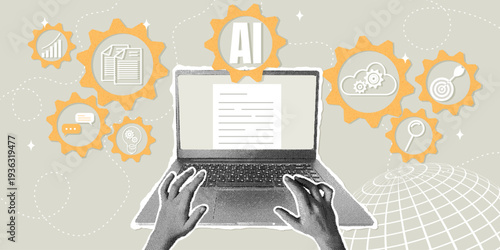 Artificial intelligence and digital productivity. Trendy halftone collage. Concept of task automation using artificial intelligence. Vector illustration.