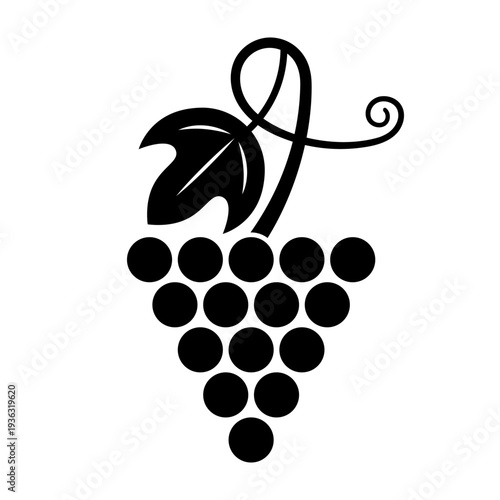 Grape bunch with leaf, silhouette template. Vector illustration for winery logos, wine labels, organic food packaging, restaurant menu graphics, decorative stencils.