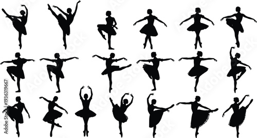 Silhouette ballet dancers in graceful poses, classical dance vector illustration collection showcasing pirouettes, arabesques, and expressive movement design