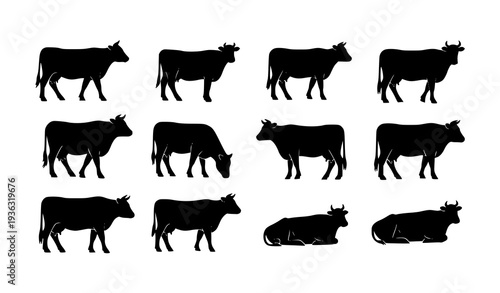 Black Cow Silhouette Collection Vector for Farm Design and Education