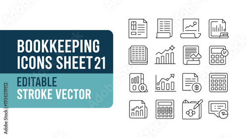 Bookkeeping icons in editable stroke vector format for accounting purposes