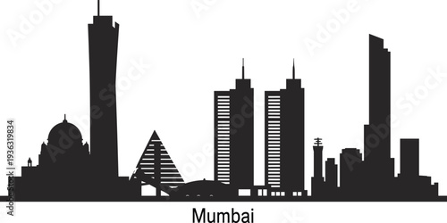 Mumbai city skyline vector silhouette with Gateway of India, Taj Mahal Palace, and modern architectural landmark buildings