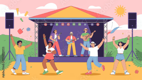 People dancing at outdoor music festival with colorful stage and speakers