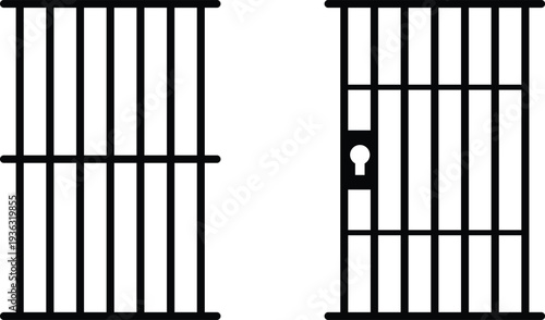 Jail bars with locked and unlocked gate on transparent background