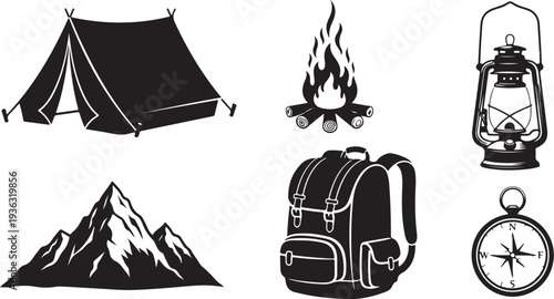 Camping icons and travel equipment on white background