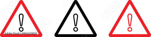Warning signs with exclamation marks in red and black triangles isolated on transparent background