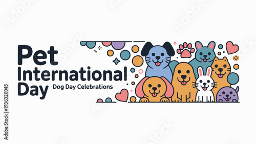 Colorful cartoon dogs and pets celebrate pet international day with hearts and bubbles