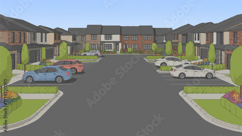 Suburban neighborhood street with row houses parked cars and manicured lawns under clear blue sky
