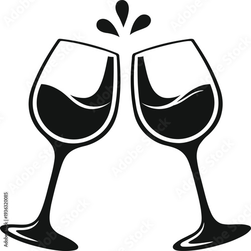 Two Wine Glasses Cheers Black Silhouette Alcohol Celebration Beverage Vector Icon