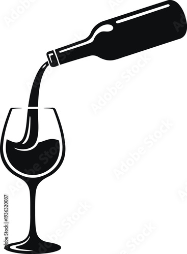 Wine Bottle Pouring Wine into Glass Black Silhouette Alcohol Beverage Vector Icon