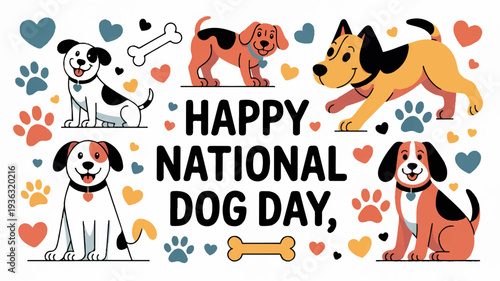 Happy national dog day celebration with colorful dogs and hearts on white background