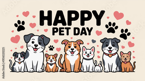 Happy pet day dogs and cats with hearts and paw prints on beige background cute animals celebration