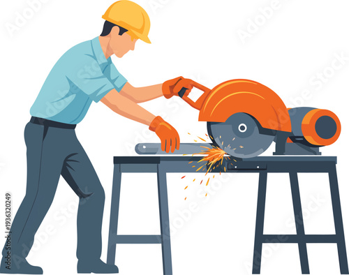 Construction Worker Cutting Metal with Circular Saw Machine Flat Vector Illustration Industrial Manufacturing Process