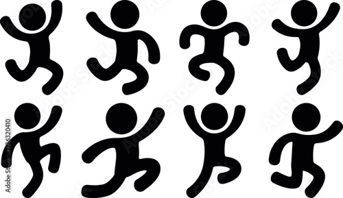 happy dancing stick figure icons celebration activity set, joyful people action silhouettes, active human stick figure movement vector collection, playful stickman character jumping running pose icon 