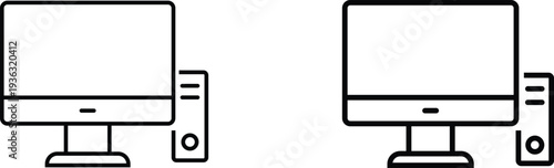 Simple line art desktop computers with monitors and towers on transparent background