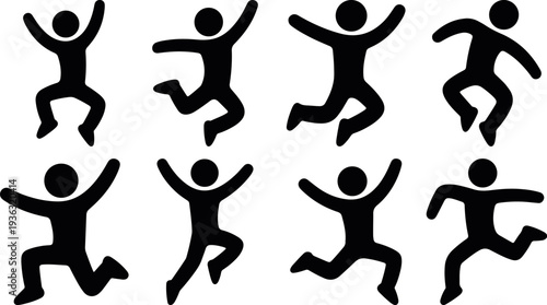 jumping happy people stick figure celebration pose icons, joyful dancing people stick figure action pose icon set, playful human action silhouette collection, energetic stick figure movement pose 