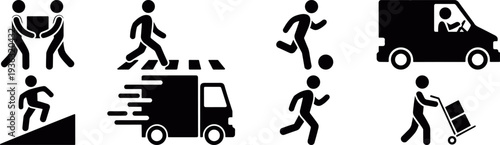 construction worker action icon set, labor activity silhouette symbols, manual work job activity vector pictogram collection, delivery service courier worker transportation icon set