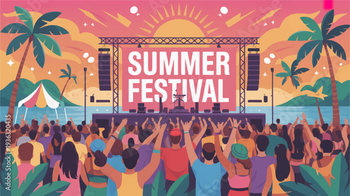 Vibrant summer festival crowd enjoys live music at colorful outdoor concert with palm trees