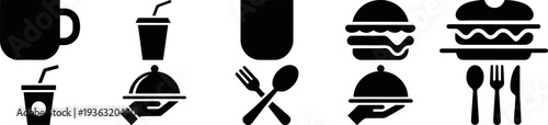 fast food icon collection burger drink coffee meal symbols, restaurant snack takeaway food silhouette vector icon set, street food meal menu symbol icon pack