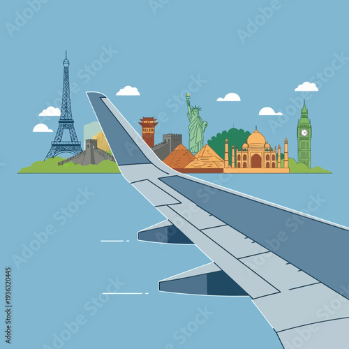 Airplane wing flying over world landmarks, travel and tourism concept