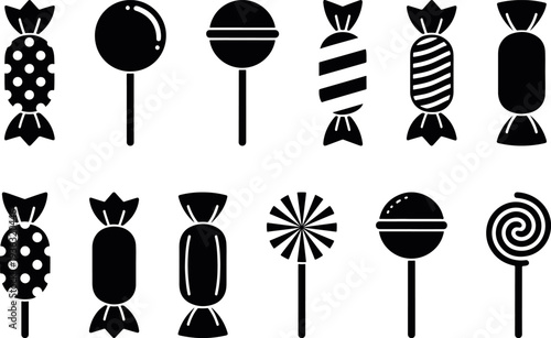 candy sweets icon set lollipop chocolate dessert symbols, sweet snack confectionery silhouette vector icon collection, candy dessert lollipop sugar treat icon pack
