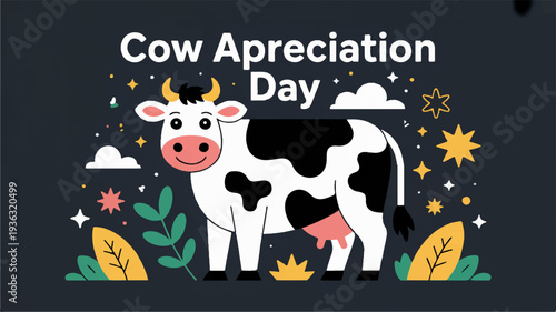 Happy cow standing in a field with flowers and clouds on cow appreciation day