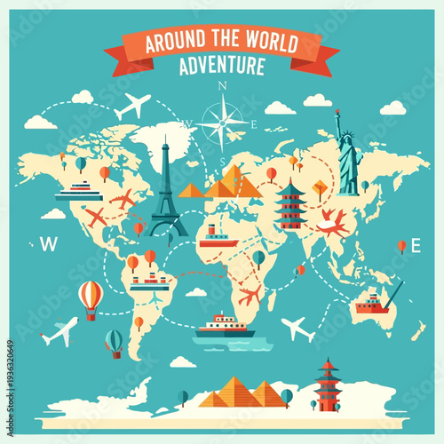 Around the World Adventure: Travel Destinations Map with Landmarks and Transportation