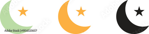 Crescent moon and star symbols in different colors isolated on transparent background