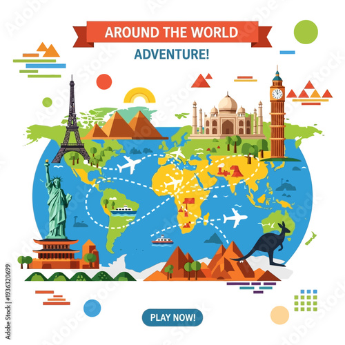 Around the World Adventure: Famous Landmarks and Travel Destinations on a World Map