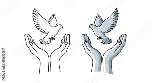 Two pairs of hands, one outlined and one shaded, gently releasing doves into flight, symbolizing peace and freedom.