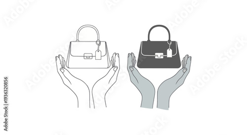 Two hands, one pair outlined and the other shaded, presenting a women's handbag with care and elegance.