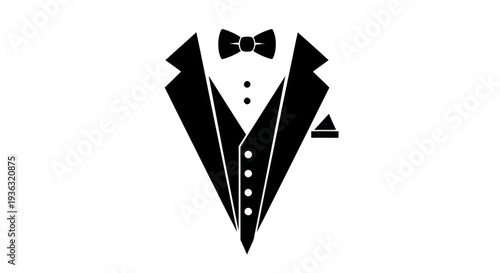 A sleek black tuxedo icon, complete with a bow tie and buttoned shirt, representing formality and elegance.