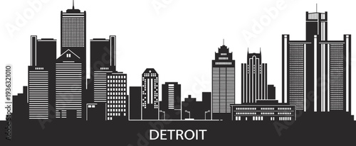 Detroit city skyline vector silhouette with Renaissance Center, various downtown architectural skyscrapers, and modern Michigan landmark buildings
