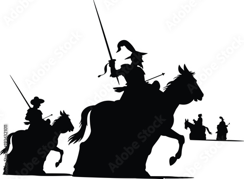 Medieval knight silhouette collection vector illustration with noble warriors on horseback and spears for historical design