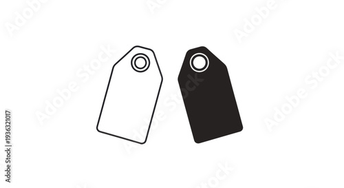 Two clean price tag icons, one outlined and one solid black, representing sales, discounts, and retail concepts on a white background.