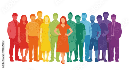 A diverse group of men and women are standing together, vibrantly colored in a rainbow spectrum, representing unity and inclusion.