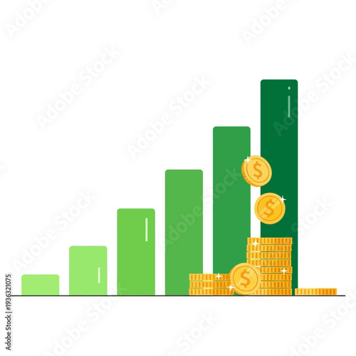 Green bar graph with rising bars and falling gold coins, representing financial growth and investment.