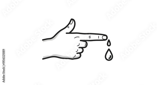 A simple line art illustration of a hand with a single finger pointing forward, from which a drop of liquid is falling.