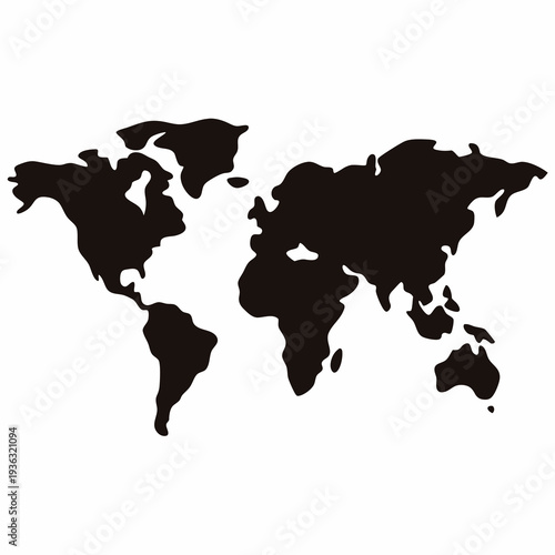 Simple black and white world map showing continents with detailed outline