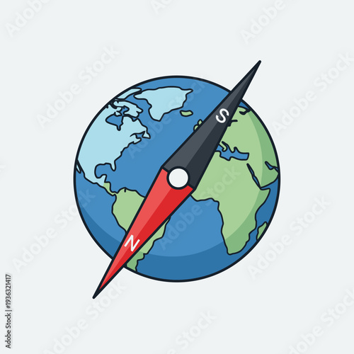 Compass pointing North over stylized Earth globe, symbolizing travel, navigation, and global exploration.