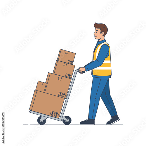 Delivery Man Pushing Hand Truck with Stack of Cardboard Boxes