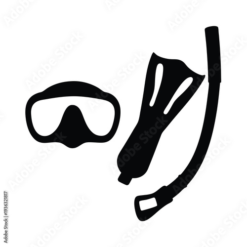 Vector silhouette of a diving mask, snorkel and swim fins equipment