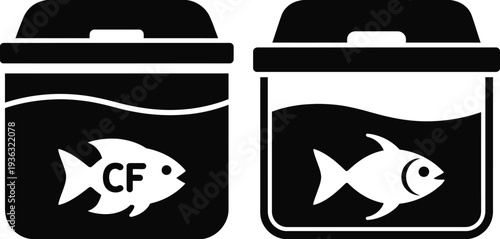 Two recycling bins with symbols for recycling plastic and fish packaging isolated on white background, Vector, illustration