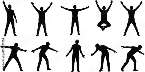 Silhouette figures in expressive dance and movement poses, dynamic human gesture vector illustration collection for animation, therapy, and design projects