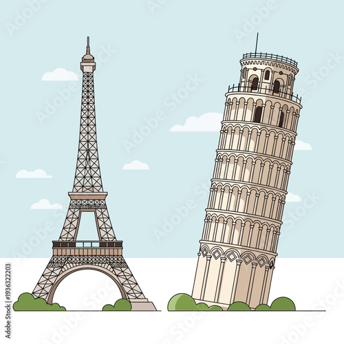 Eiffel Tower and Leaning Tower of Pisa illustration, iconic landmarks, travel concept