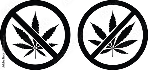 Two circular symbols depicting a cannabis leaf with a prohibition sign over it isolated on white background, Vector, illustration