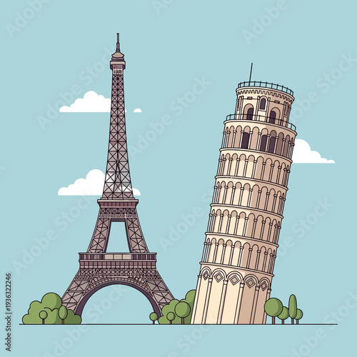 Eiffel Tower and Leaning Tower of Pisa illustration, iconic landmarks, travel concept