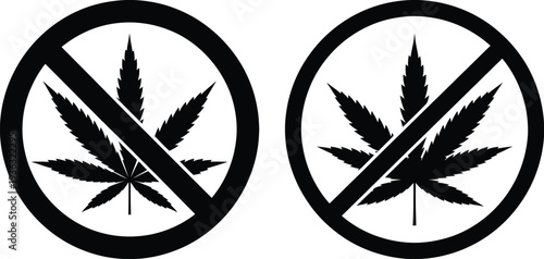 Two stylized cannabis leaf icons with a prohibition sign overlaid on each isolated on white background, Vector, illustration