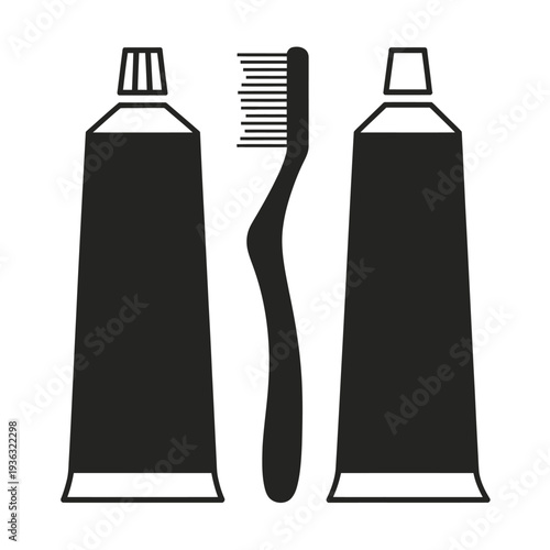 Two toothbrushes standing next to two tubes of toothpaste on a white background isolated on white background, Vector, illustration