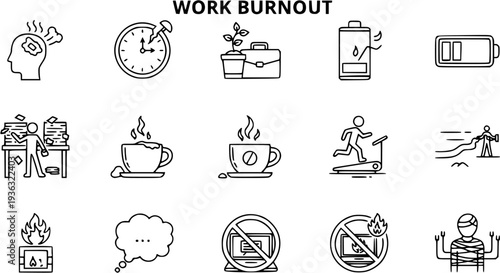 Work Burnout Line Icons Set: Stress, Exhaustion, Overwork, and Recovery Concepts